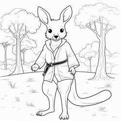 a kangaroo wearing a black belt in the forest