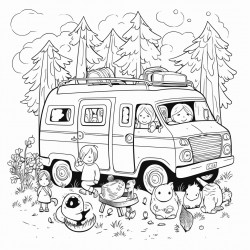 kids in camper van parked in a forest with wild animals around it