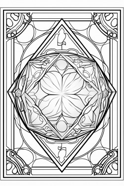 stained glass window with a 20sided dice in the center