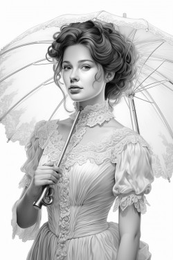a woman in a walking dress with a parasol