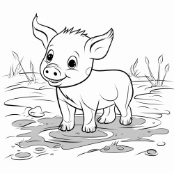 a piglet with planetshaped markings rooting in the mud
