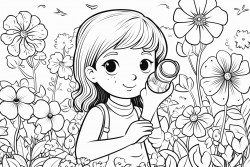 little girl looking through a magnifying glass at flowers all around her