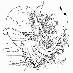 a witch riding a broom infront of a full moon