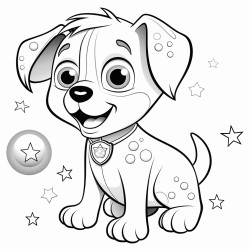 a puppy with planetshaped markings playing with a starshaped ball