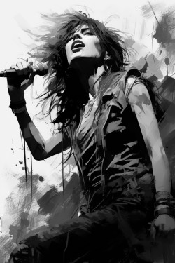 a attractive female singing on stage with her rock band bad girl attitude punk long flowing hair