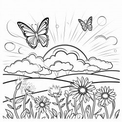 butterflies flying through a flower field with a sunset