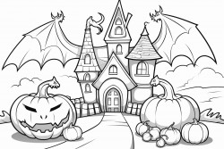 halloween coloring page with 5 items including a dragon castle pumpkin and candy bag