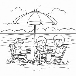 kids at the beach with their supplies by their chair under a umbrella