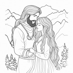 long hair bride and groom in the mountains