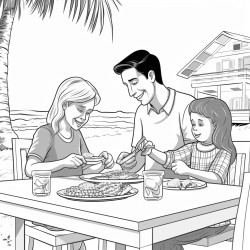 pacific family sharing food at a table set in beach house picture on wall says  all are welcome at my table