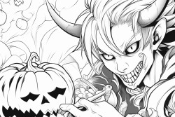 a anime demon boy with horns and tail  eating helloween candy and there ghost in the background