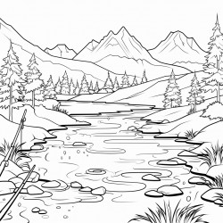 summer mountain stream with fish fishing poles