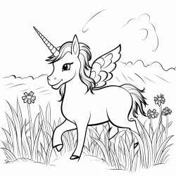 unicorn with wings majestically eating grass in a meadow