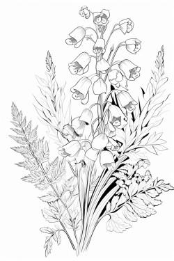 a delicate arrangement of bluebells and ferns on white background