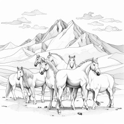 horse herd with foals and all horses in middle moutains in backround
