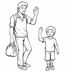 a 3 year old boy waving his hand any saying bye to his father who is standing away from him