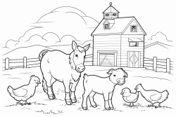 a farm with a cow a horse  a goat a sheep a dog a cat a duck a chicken a pig and a rabbit