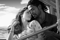 one black man with dreads holding a white woman with blondebrown hair on a boat with the sea in the back