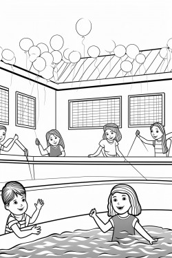 pool party scene with kids swimming