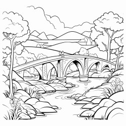 a lake with a bridge and elves