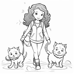 mom and daughter walking two cats