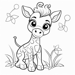 black and white whimsical cartoon baby giraffe on white background