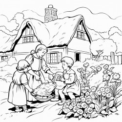 mother with 5 children weeding a garden in an old english countryside next to cobbled cottage with thatched roof