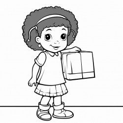 african american little girl  wearing a dress with fringes at the bottom that is lifting a heavy box