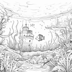 underwater adventure illustrate a variety of sea creatures coral reefs and underwater landscapes with hidden treasures like sunken ships and mermaids
