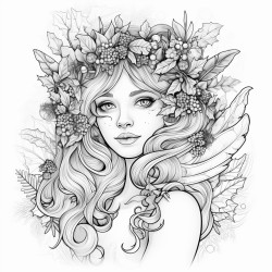 a fairy wearing a christmas dress and a wreath of mistletoes on her head