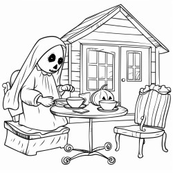 a ghost enjoying tea at a cabin