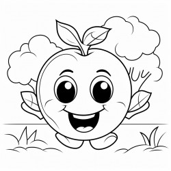 cartoon character of an apple with a face in a garden