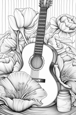 artistic still life with a guitar and a vase with tulipans