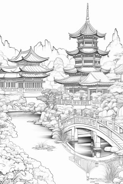 beautiful asian culture scenes for relaxation and zen with only outlines