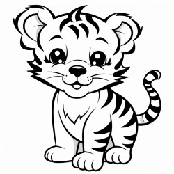 black and bright white whimsical cartoon tiger cub full body on white background