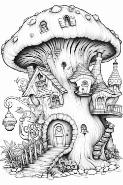 mushroom houses with a beautiful garden with a gnome snoozing in a hammock hanging from two trees in the garden