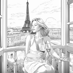 portraiture of a woman on a balcony with an eiffel tower in the background as she drinks wine