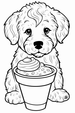 a cute golden doodle puppy eating a big bowl of ice cream