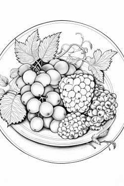 create a blackandwhite coloring page illustration featuring an clair on a beautiful plate elegantly decorated with berries the design must have maximum clarity in detail showcasing the textures layers and decorations of the clair making it suitable for coloring