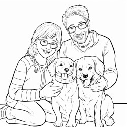 young girl with glasses and pigtail braids next to her mom dad and a beagle