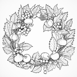 create a blackandwhite coloring page featuring an autumninspired wreath with leaves pumpkins berries and acorns arrange the elements in a loose opencircle format leaving gaps so the wreath does not fully close each item should have clear