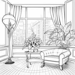 art deco living room tall windows floral curtains