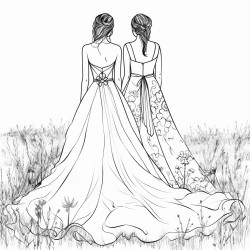 the back a thin bride and a larger bride in wedding dresses in a field of