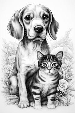 beagle dog walking in the park with a cat coloring page