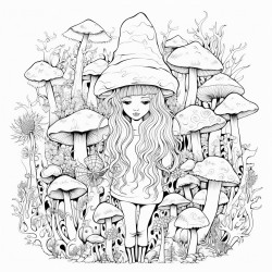 a forest coloring page with mushrooms and a witch like vibe