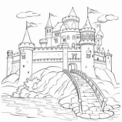 a castle on a hilltop surrounded by a moat and drawbridge
