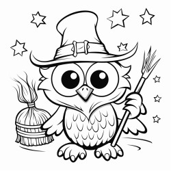 an owl wearing a witchs hat riding a broomstick