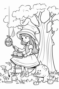 a whimsical witch brewing a potion in a forest