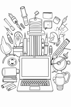 technological equipment collage laptops ipads genius symbol thinking pencils ruler scissors glue paper books light bulb