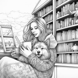 long haired girl in a cozy sweater drinking a coffee in a library with a golden retriever